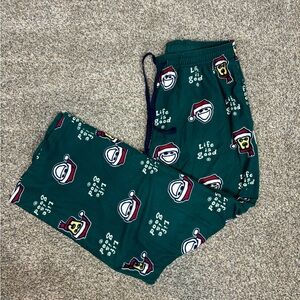 Life Is Good Sleep Pants Mens M Green Christmas Santa Hat Dog Lounge‎ Pajamas